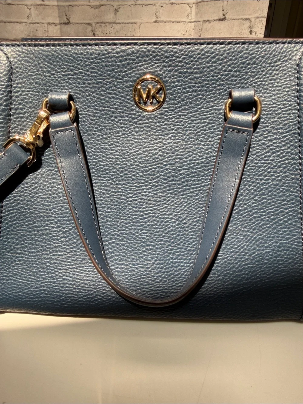 Michael Kors Navy Blue Pebbled Leather Satchel with Gold Hardware